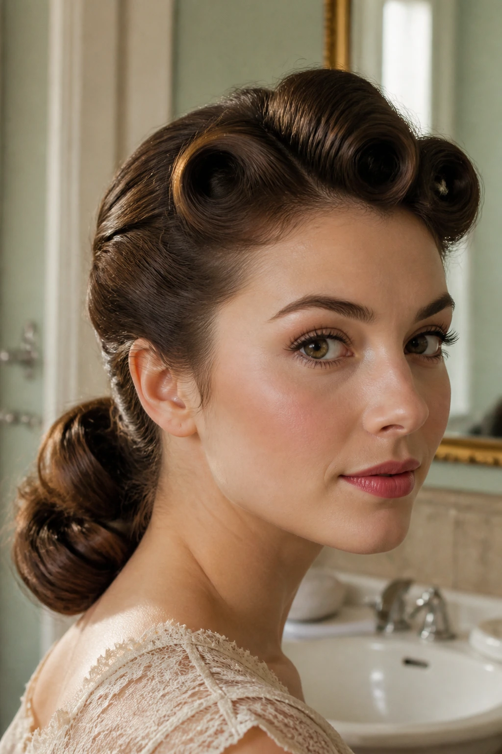 Pin-Curl Low Pony close-up portrait with front curls and low nape pony
