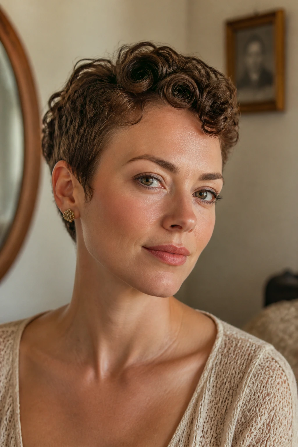 Close-up portrait of a real woman with pin-curl pixie