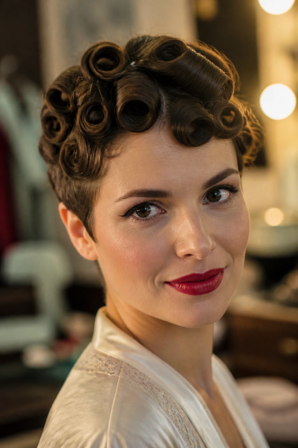 Close portrait of a real woman with Pin-Curl Pixie showing small pin curls in crown, vintage dressing-room light.