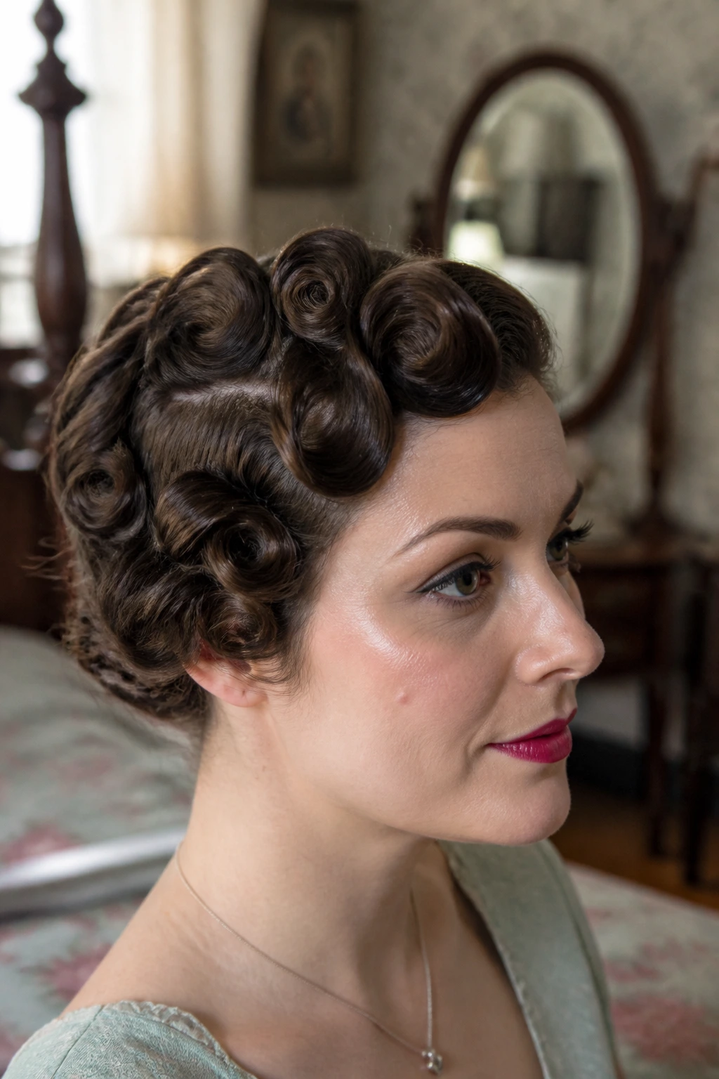 Real woman with vintage pin curls rolled away from the face.