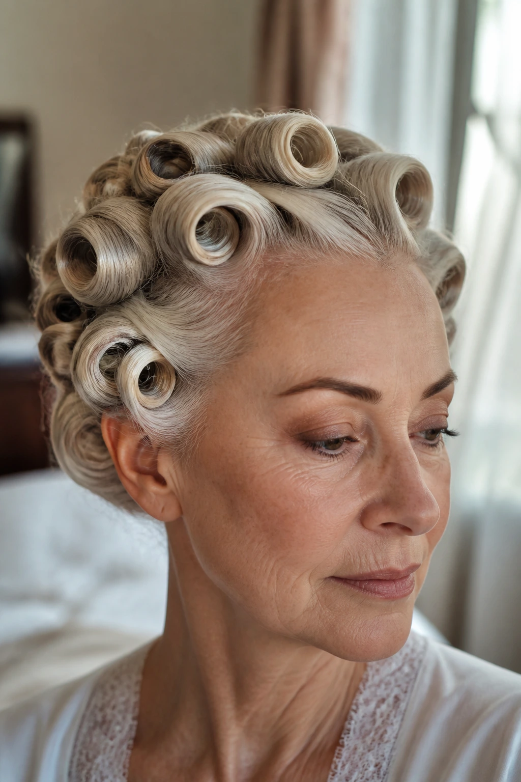 Close-up of a real woman with a pin curl set and vintage waves.