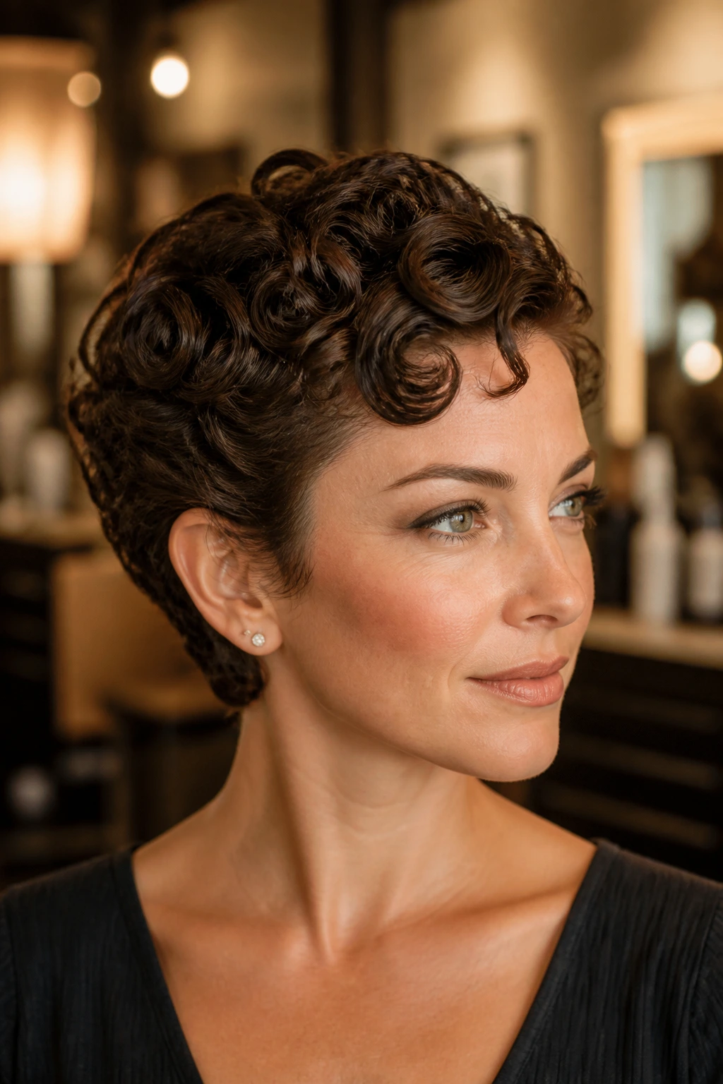 Close-up portrait of a real woman with pin-curled tapered cut in a chic salon setting with warm light.