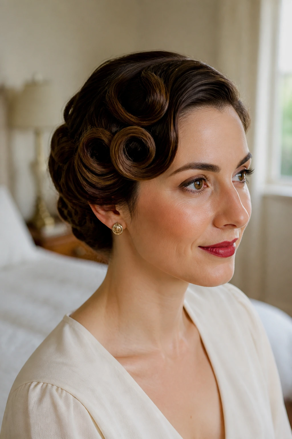 Close-up of a real woman wearing a side-swept pin curl updo with pinned curls and a neat low back, illuminated by soft window light.