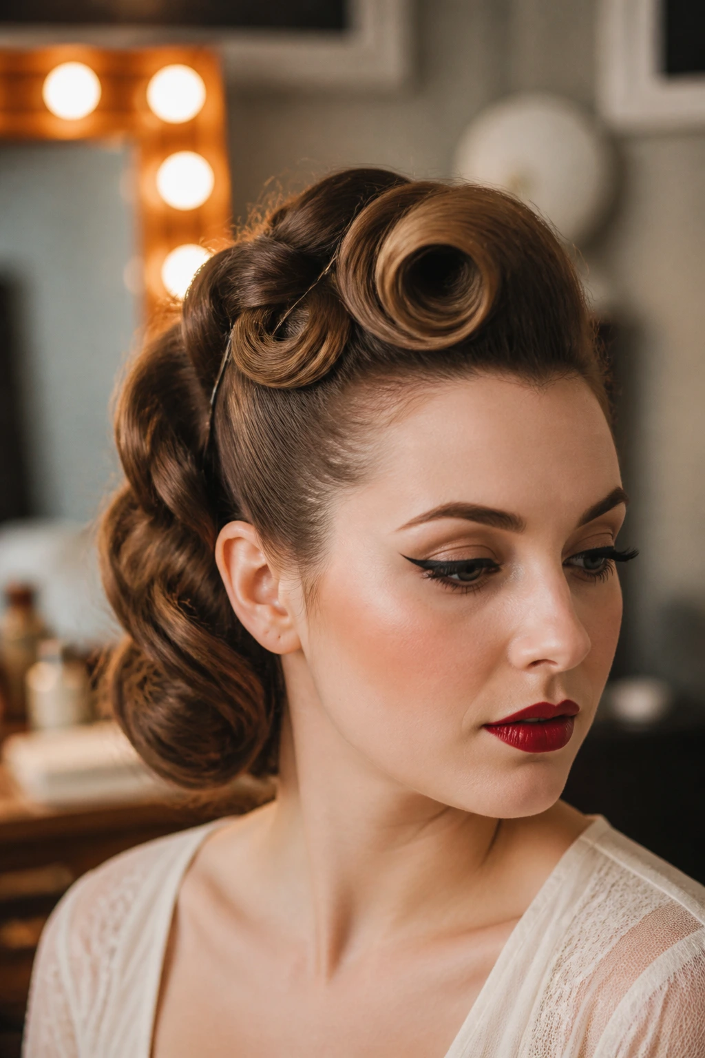 Close-up of real woman with vintage pin-curl roll hairstyle in a softly lit dressing room