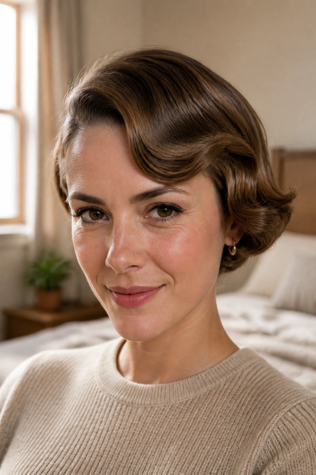 Close-up of a real woman with a pin-curled side wave on a short bob under warm window light