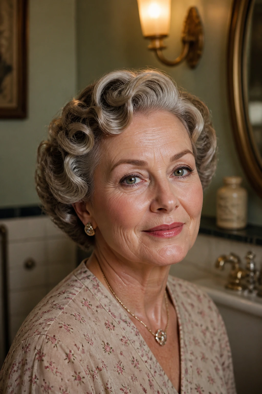 Close-up portrait of a real woman with pin-curled bob and soft waves in a vintage bathroom