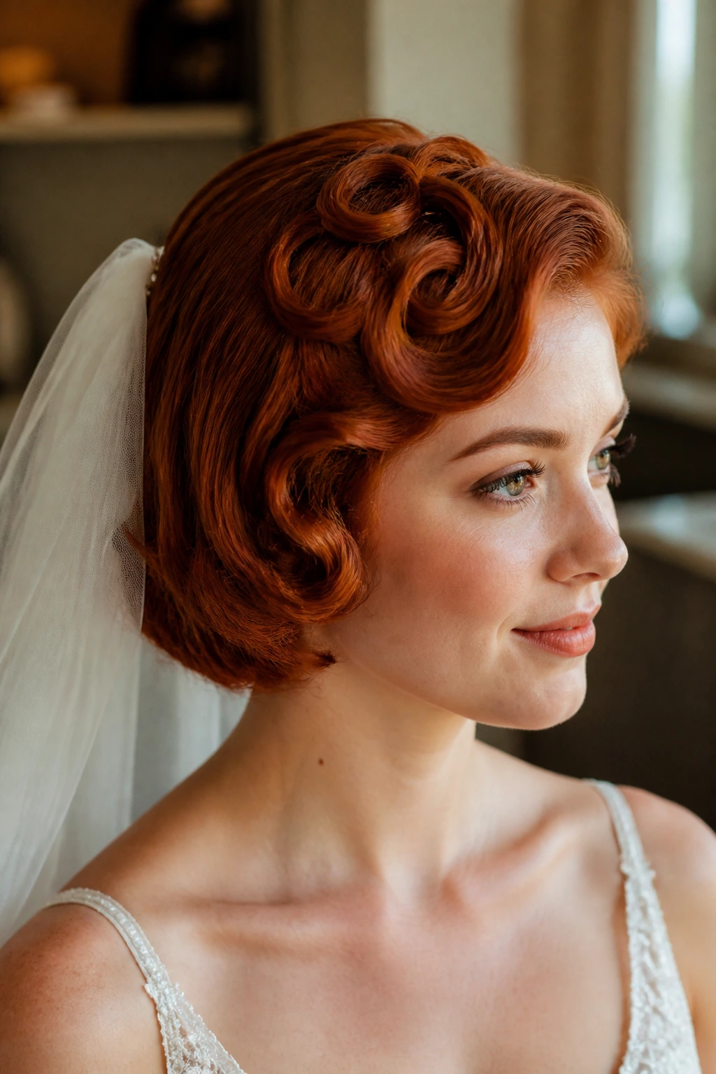 Close-up of a chin-length red bob with pin curls and veil