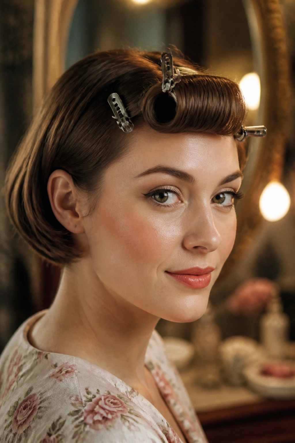 Close-up of a real person with pin-curled fringe in a vintage-inspired room