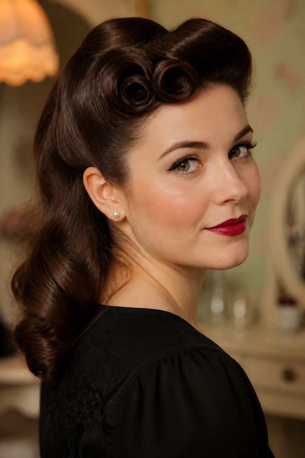 Close-up portrait of a real woman with a pin-curled vintage roll in a softly lit space