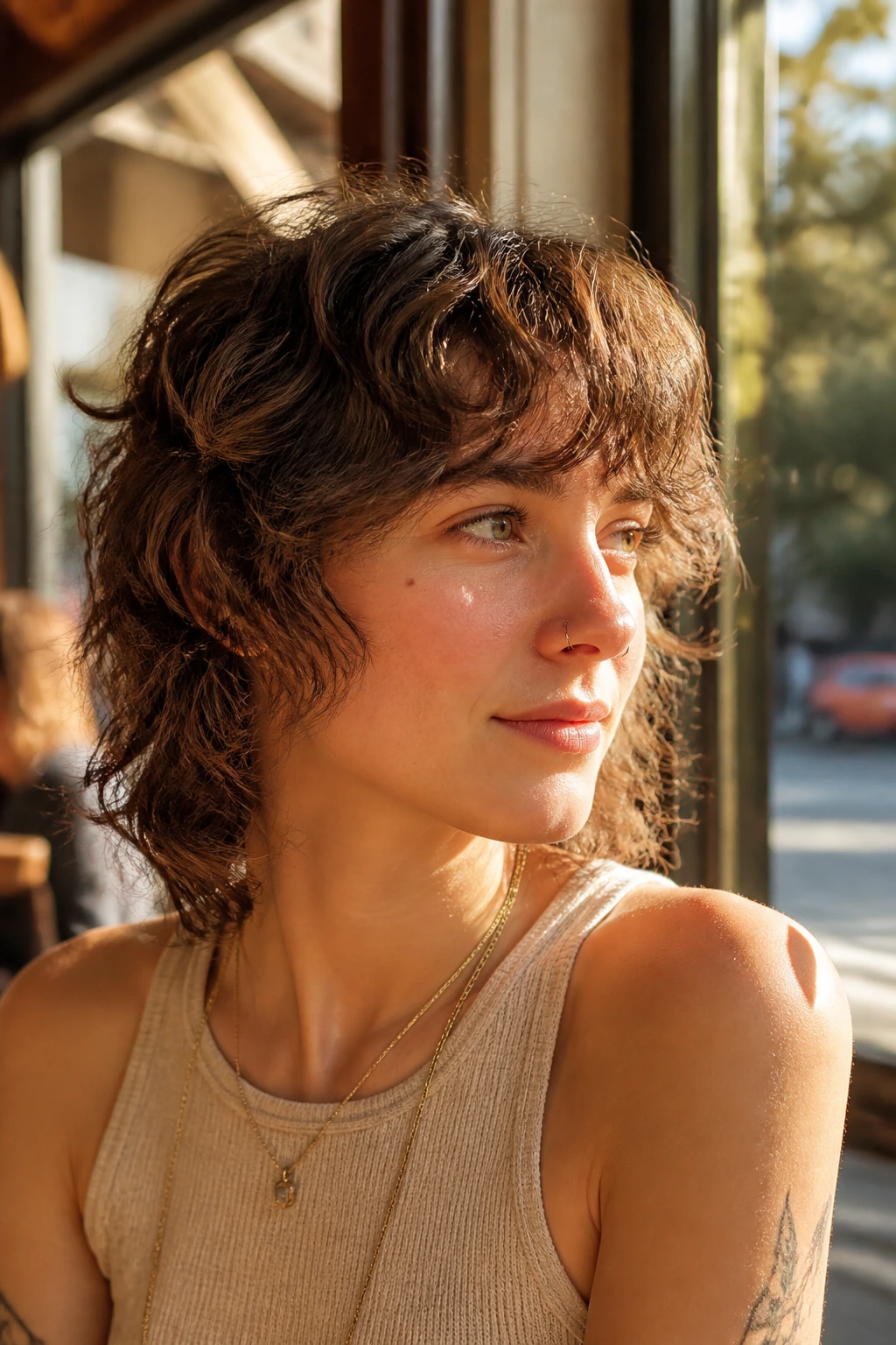 Close-up portrait of a real person with pin-curled mini wolf hairstyle