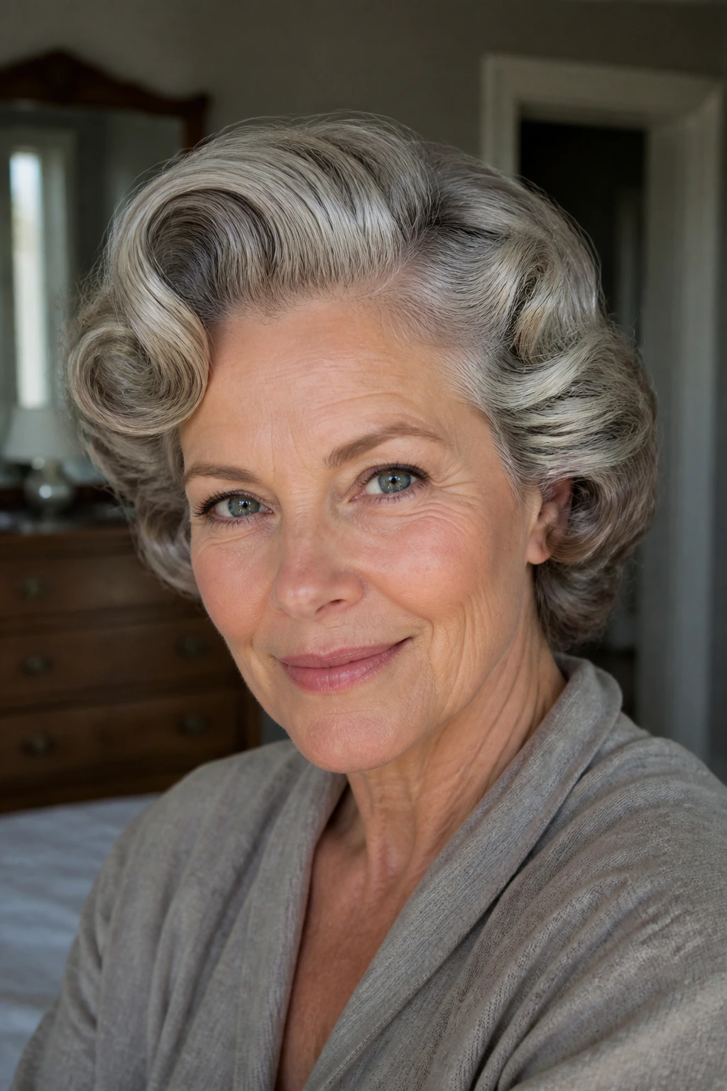 Close-up of a real woman with pin-curled waves and brush-out shine in a warm bedroom.