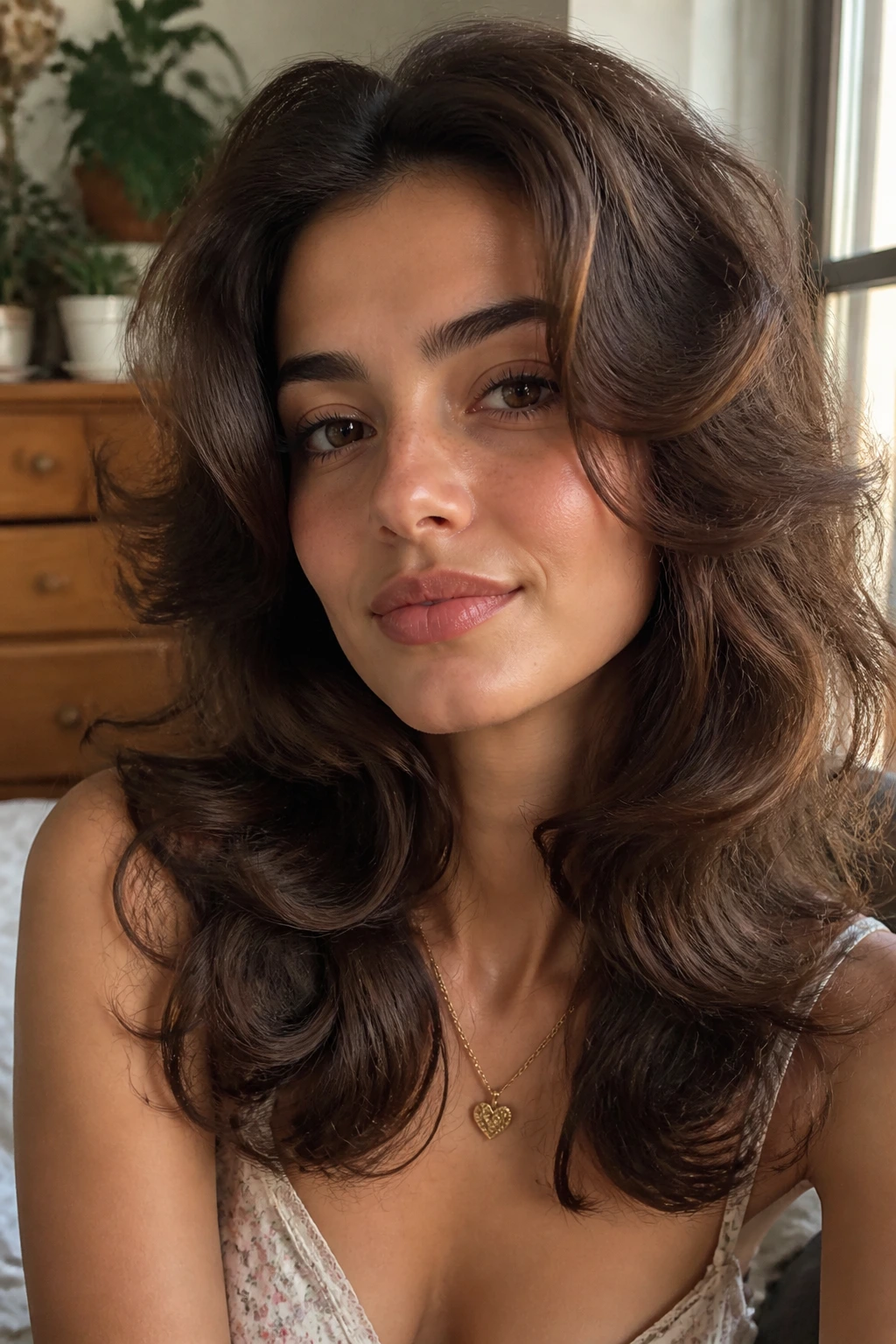 Close-up of a woman with brushed-out pin-curled waves in warm natural light