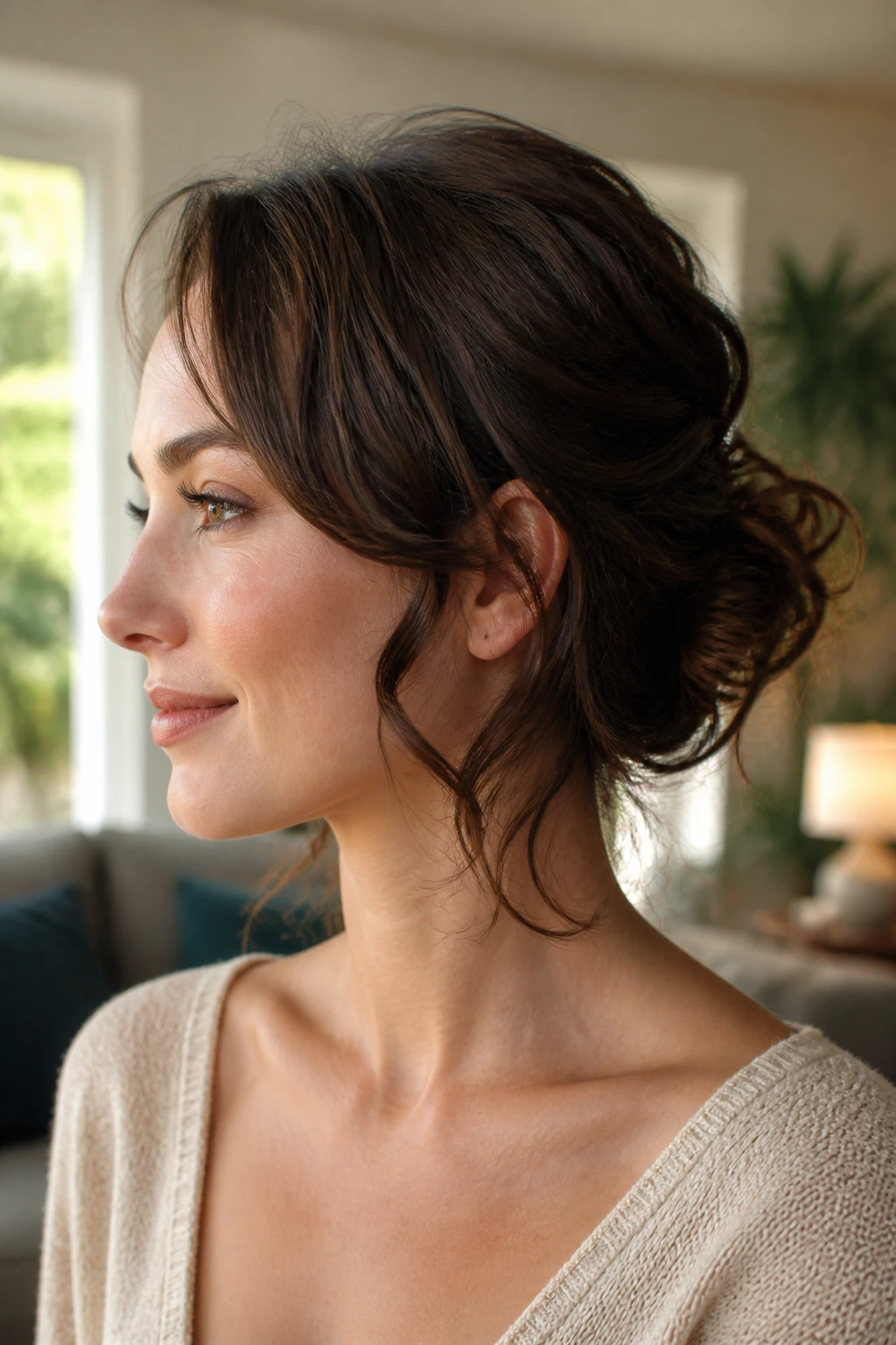 Close-up of a real woman with undone pin curls bun on short hair.