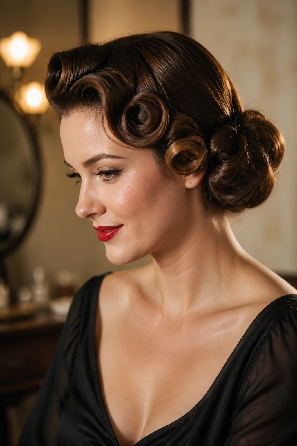 Side profile of a real woman wearing a vintage-inspired chignon with pin curls