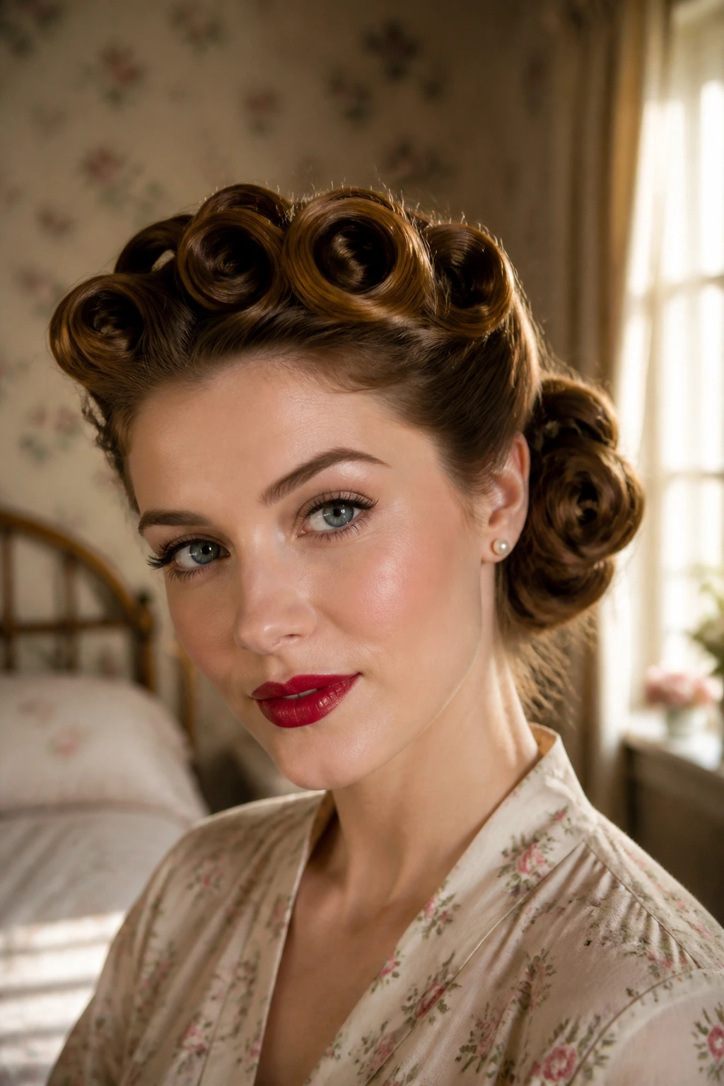 Close-up portrait of a real woman with pin curl crown bun hairstyle