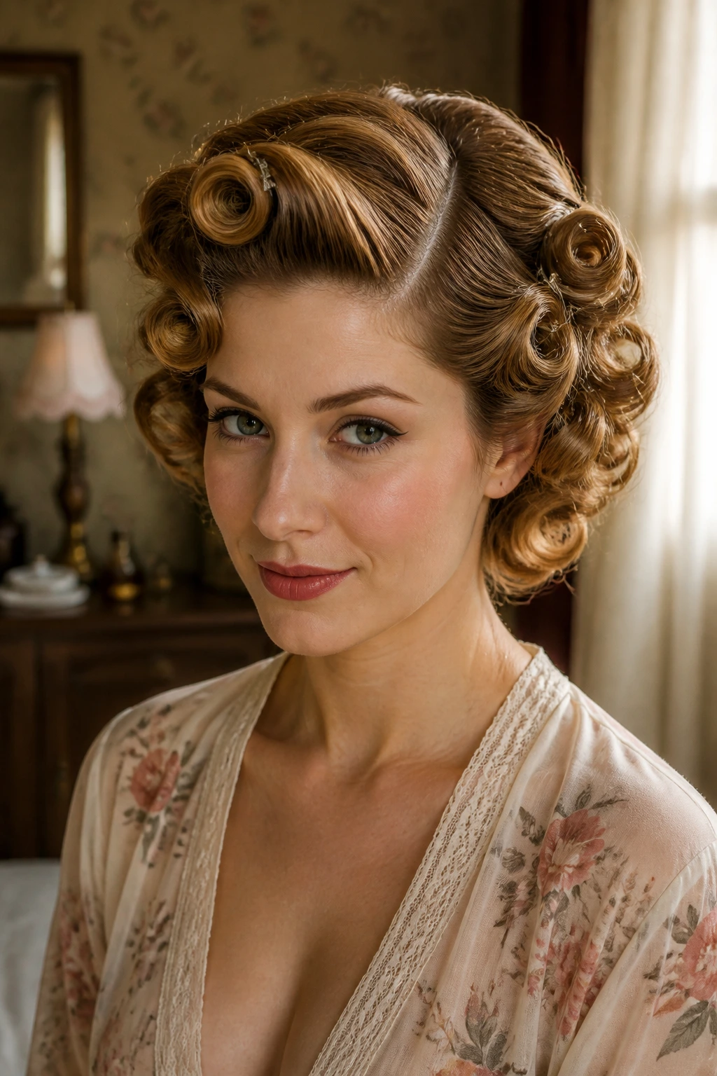 Woman with deep side-part and pin curls in vintage bedroom.