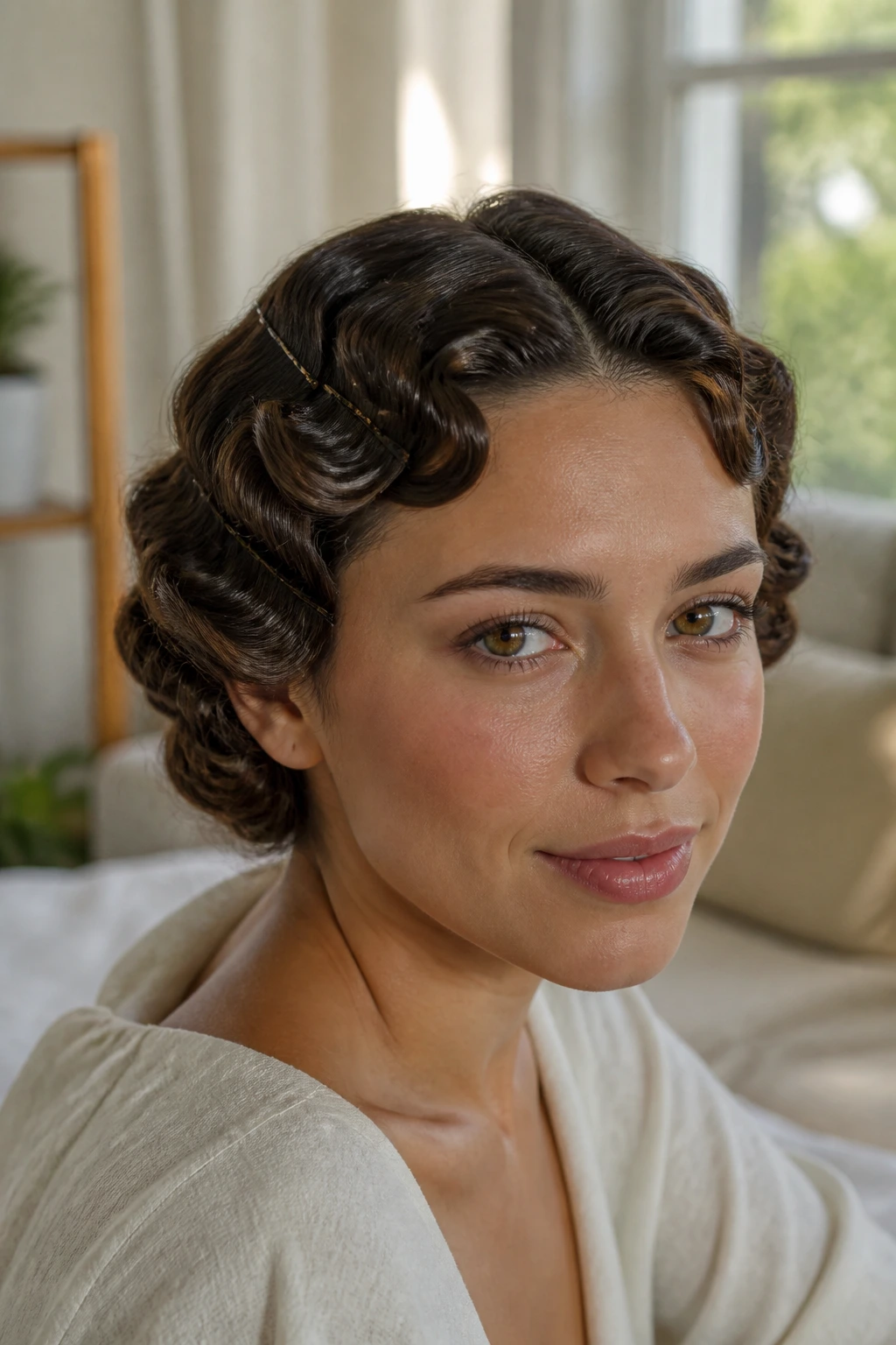 Real woman with pin-curled defined waves resting against the head in soft daylight