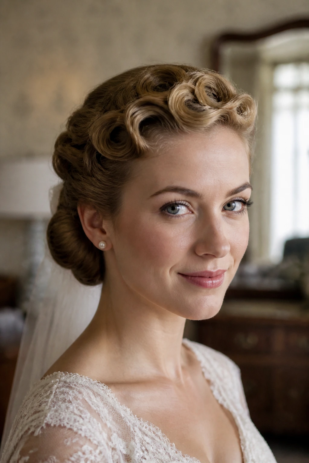Bride with pin curl halo and neat bun.