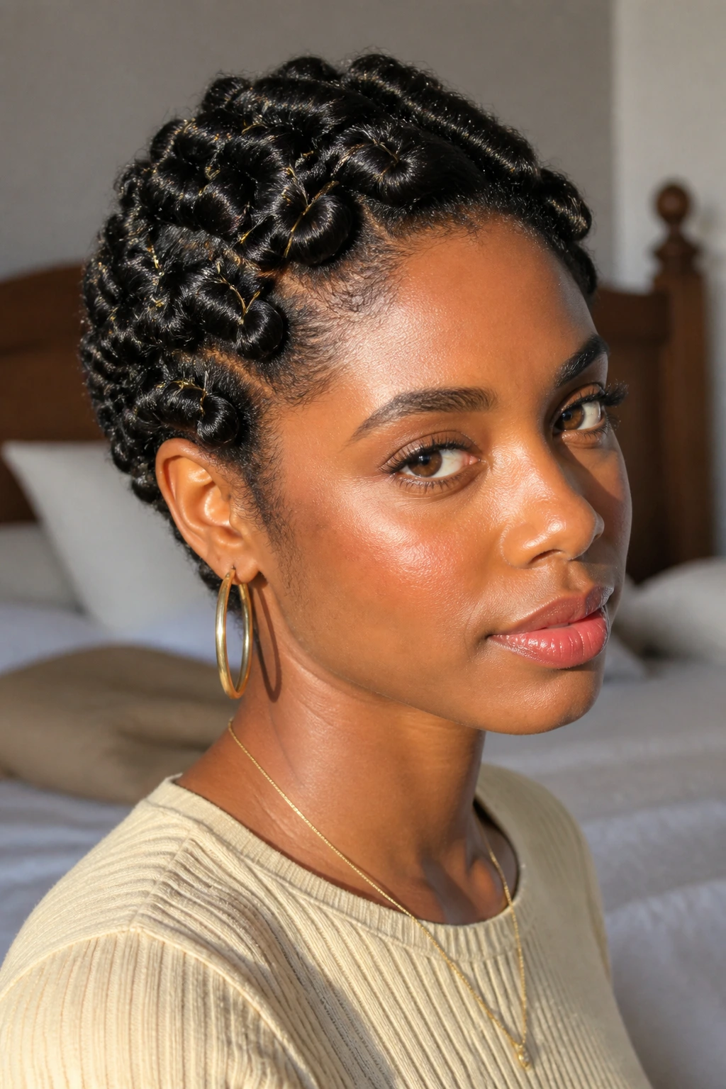 Close-up portrait of a real person with a pin-curled halo on short natural hair, crown curls pinned, warm vintage light