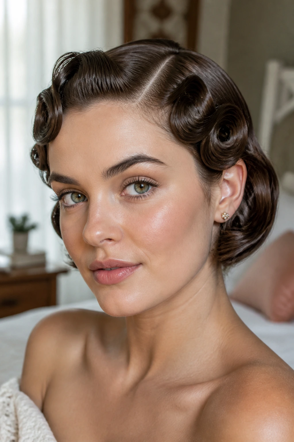 Close-up portrait of a real woman with retro pin curls pinned flat to the scalp on a chin-length bob