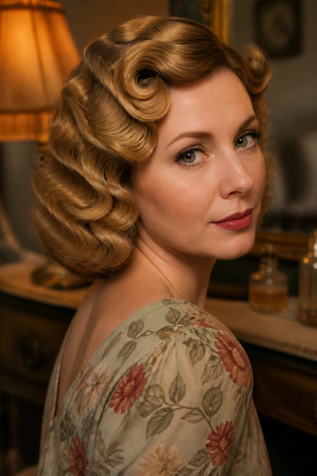 Close-up of a real woman with retro pin-curled waves in a vintage setting