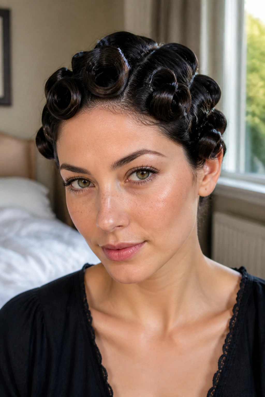 Close-up of a real woman with pin curls set on short hair.
