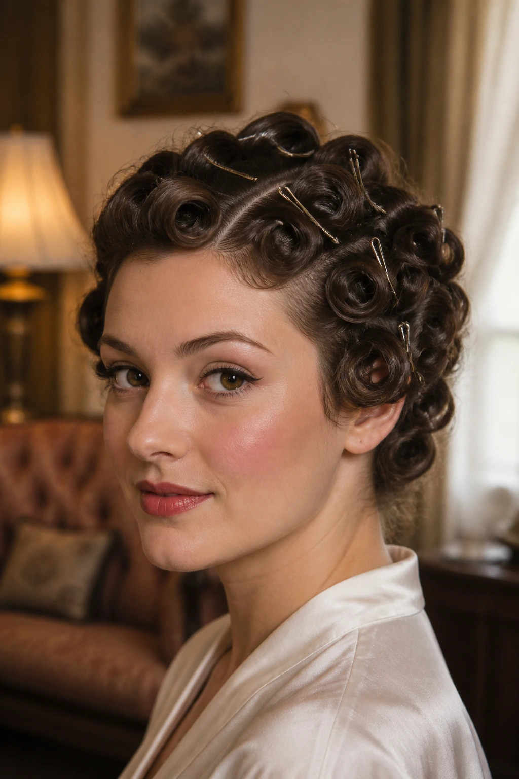 Close-up portrait of a real person with a vintage pin-curled short hairstyle.