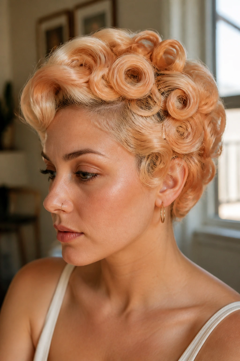Portrait of a real person with creamsicle blonde pin curls on short hair