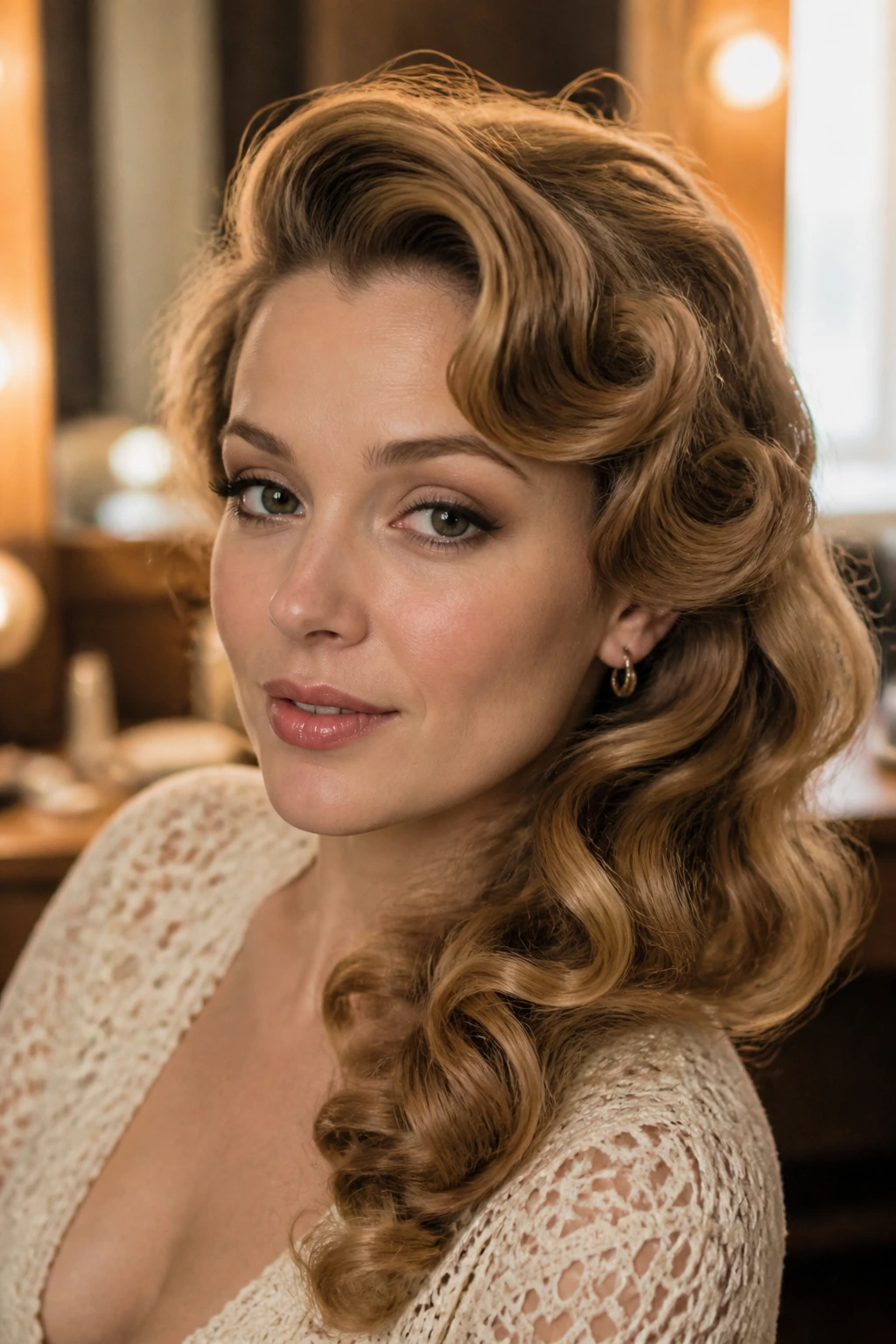Portrait of a woman with a soft, side-swept pin-curled hairstyle