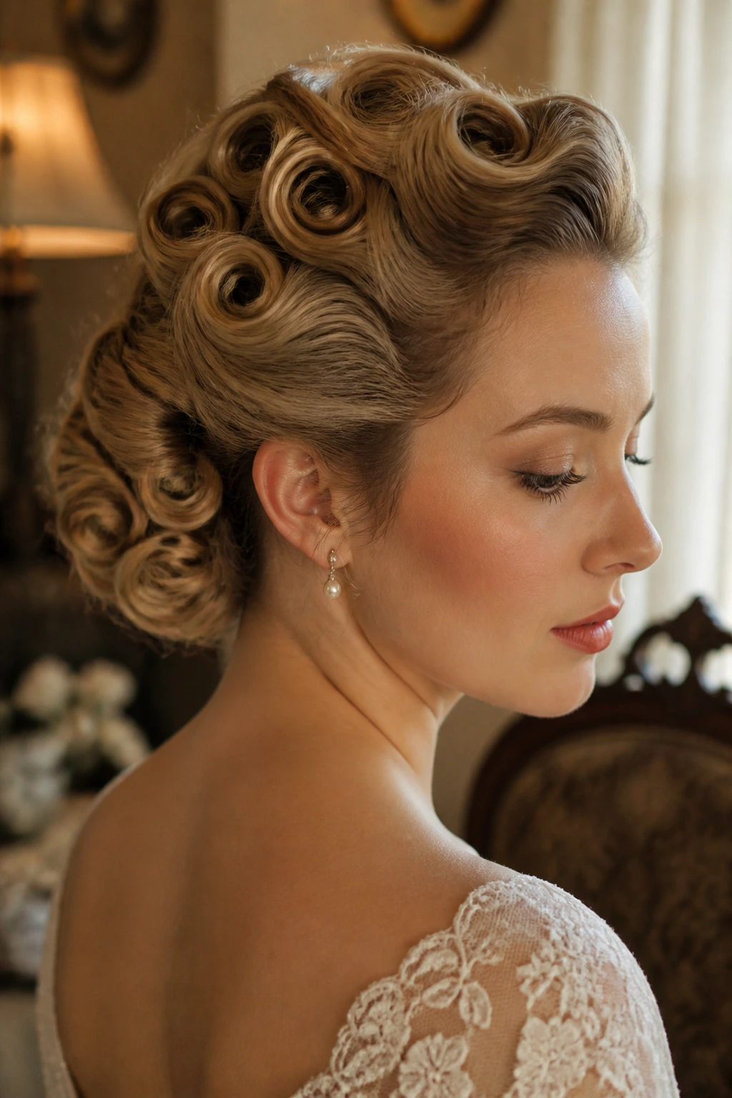 Close-up of a real bride with 1940s pin-curled updo in a warm bridal suite.