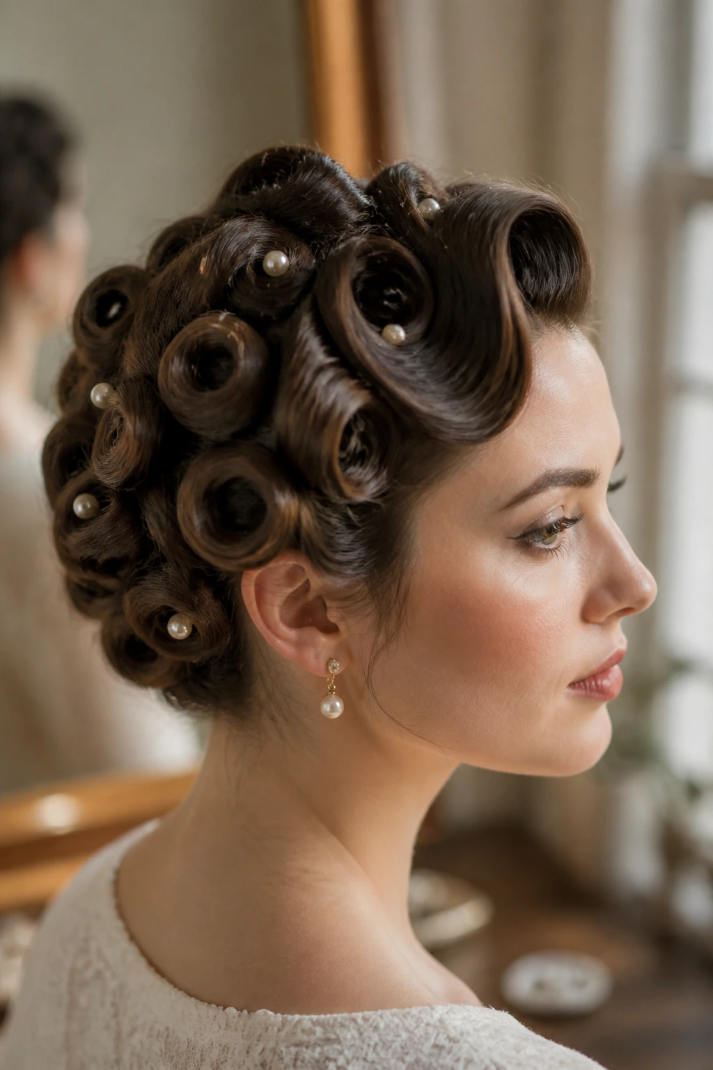 Close-up of a real woman's head showing a pin-curl inspired vintage updo in warm dressing room lighting