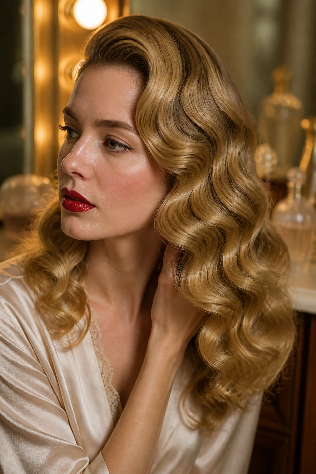 Close-up of a woman with vintage pin curls pinned along the scalp in a retro setting