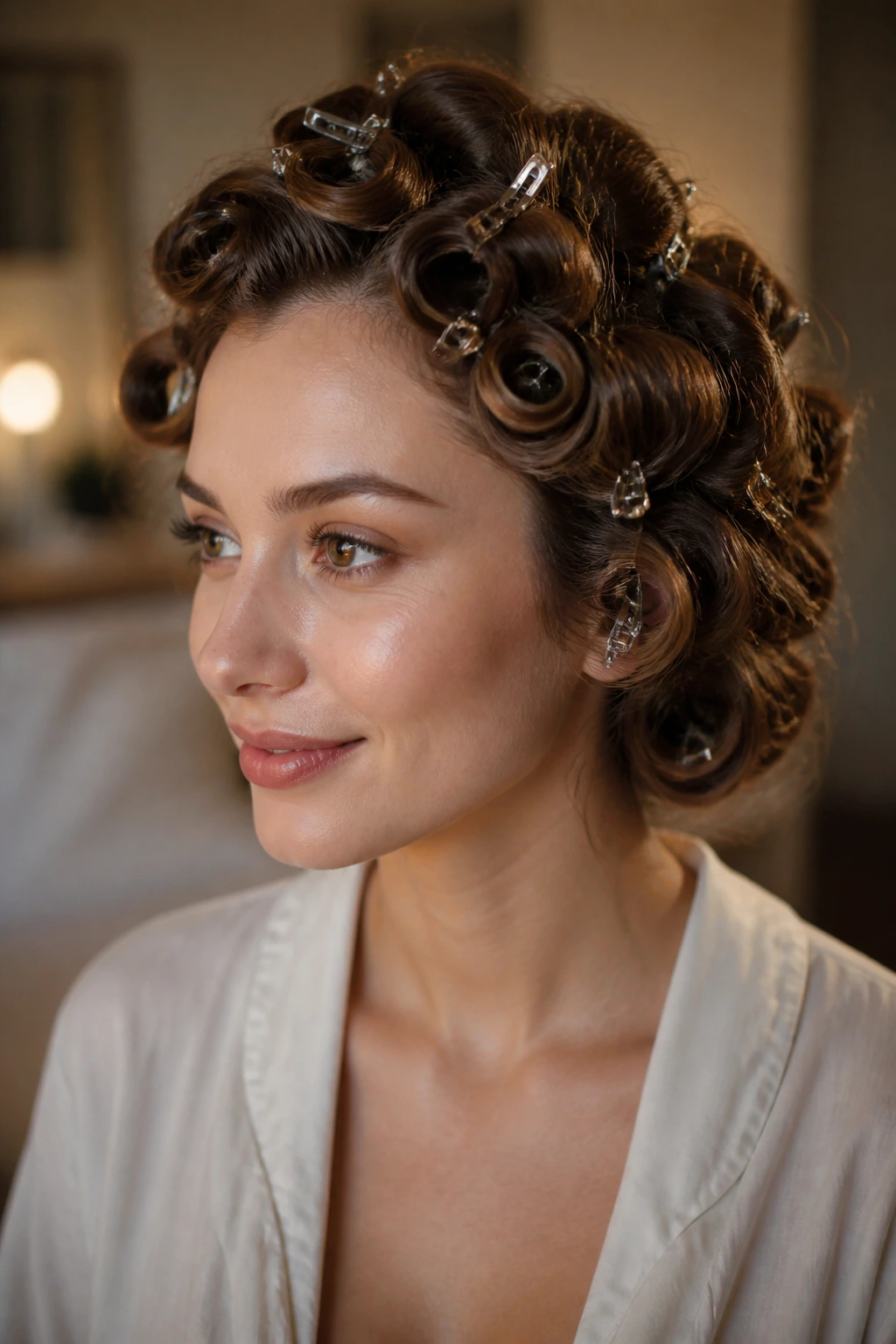 Close-up of real woman with pin-curled cascading waves on long thick hair