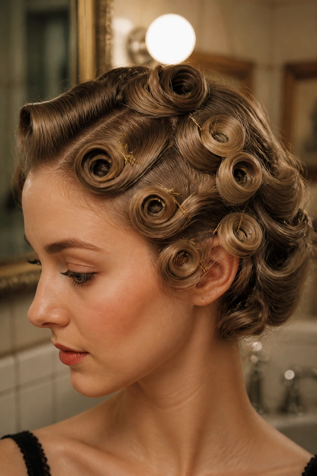 Real person with soft pin curls pinned to scalp