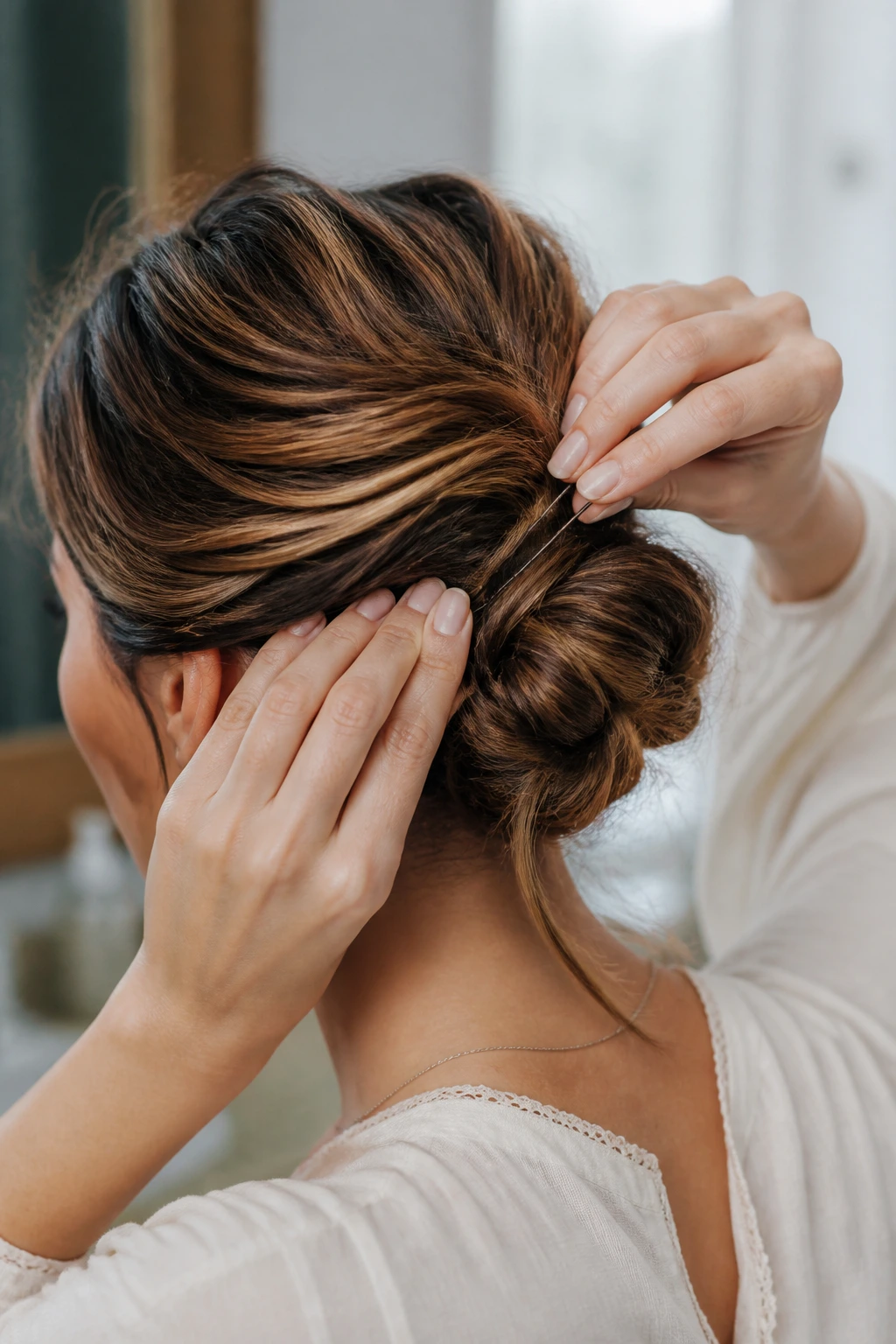 Close-up of a real person adjusting pins in an updo, showing pin direction