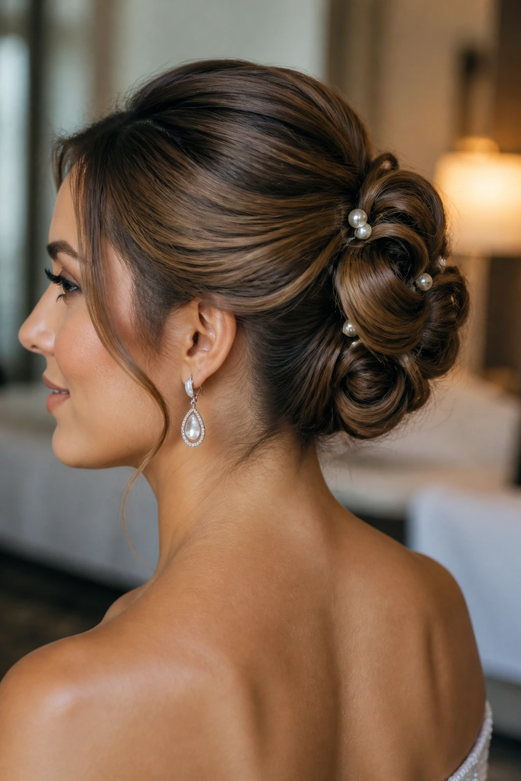 Close-up portrait of a real woman with pin-loop chignon showing visible loops and pins