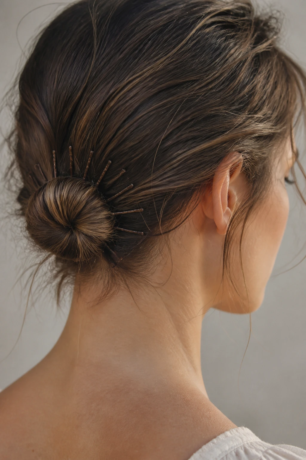 Close-up of real woman with pin-ring bun and hidden pins