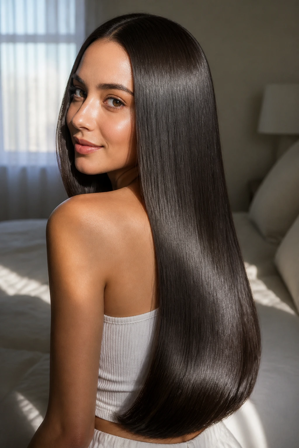 Close-up of a real woman with pin-straight glossy hair from roots to tips