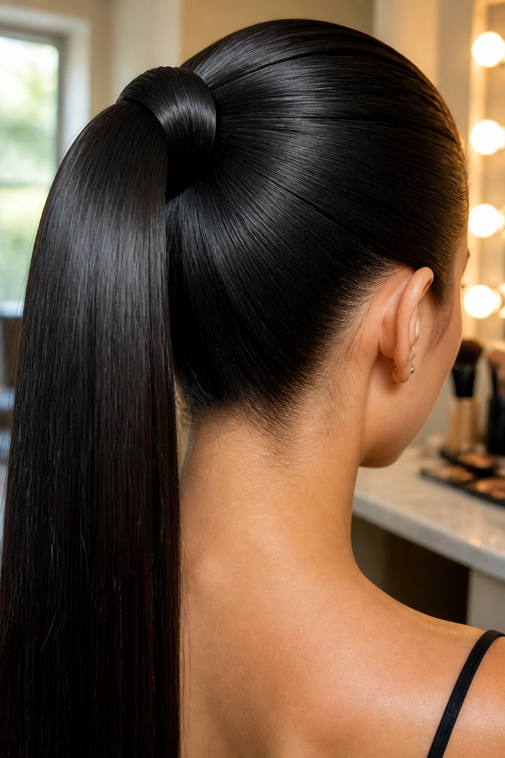 Close-up of a real woman with a pin-straight ponytail wrapped base