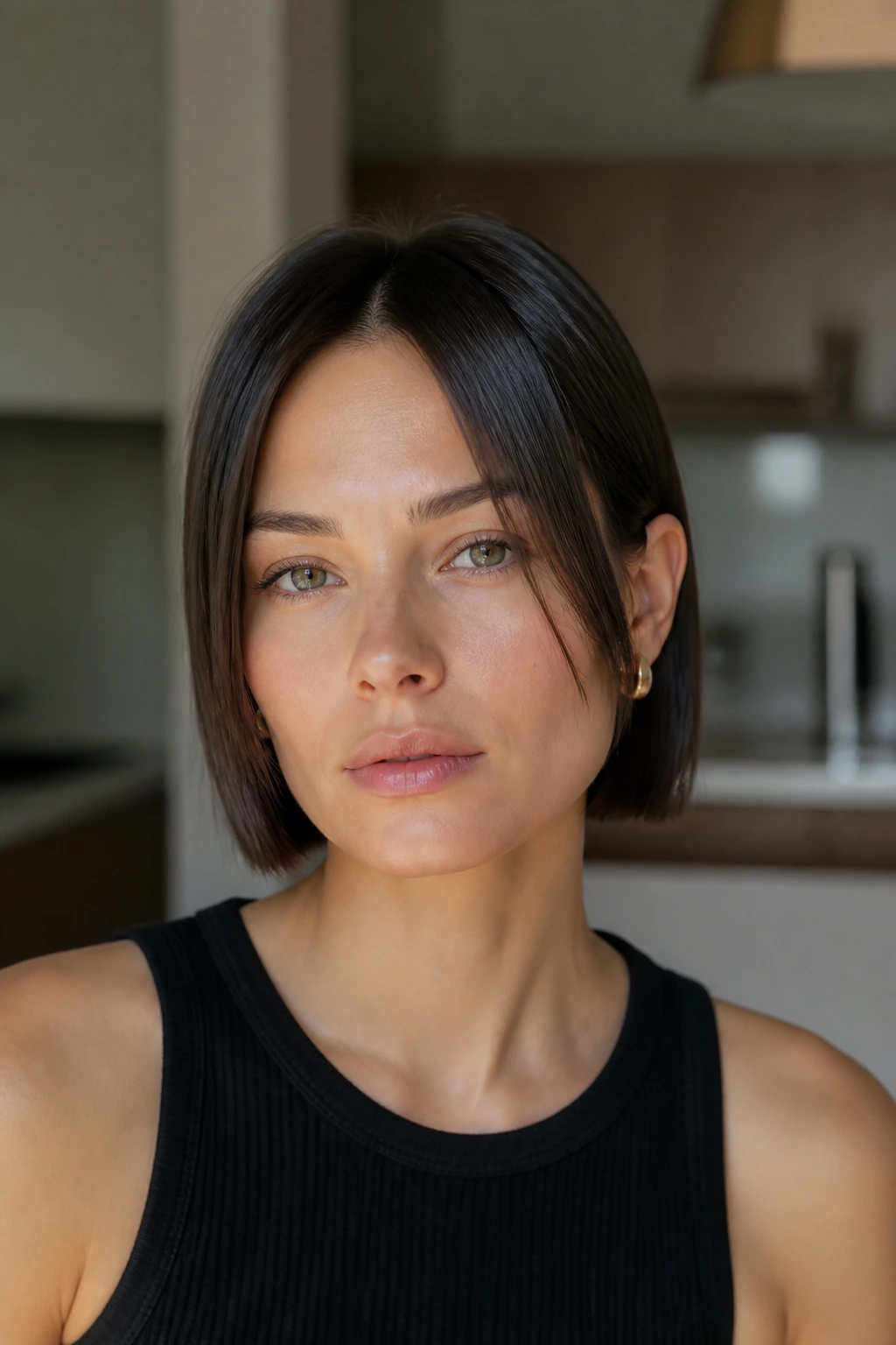 Close-up of a real person with pin-straight short cut and minimal curtain parting