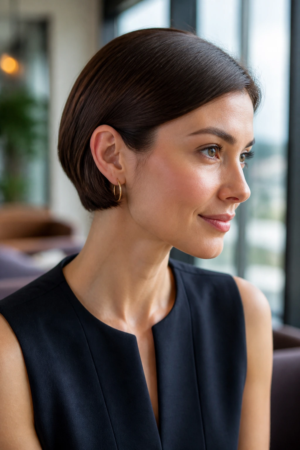 Real-woman portrait of a sleek pin-tucked bob with hidden pins