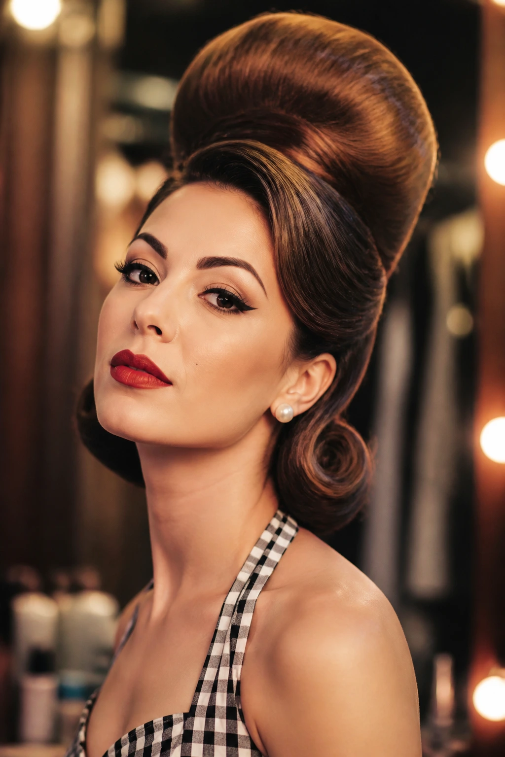 Close-up of a real woman with pin-up beehive and rolled ends