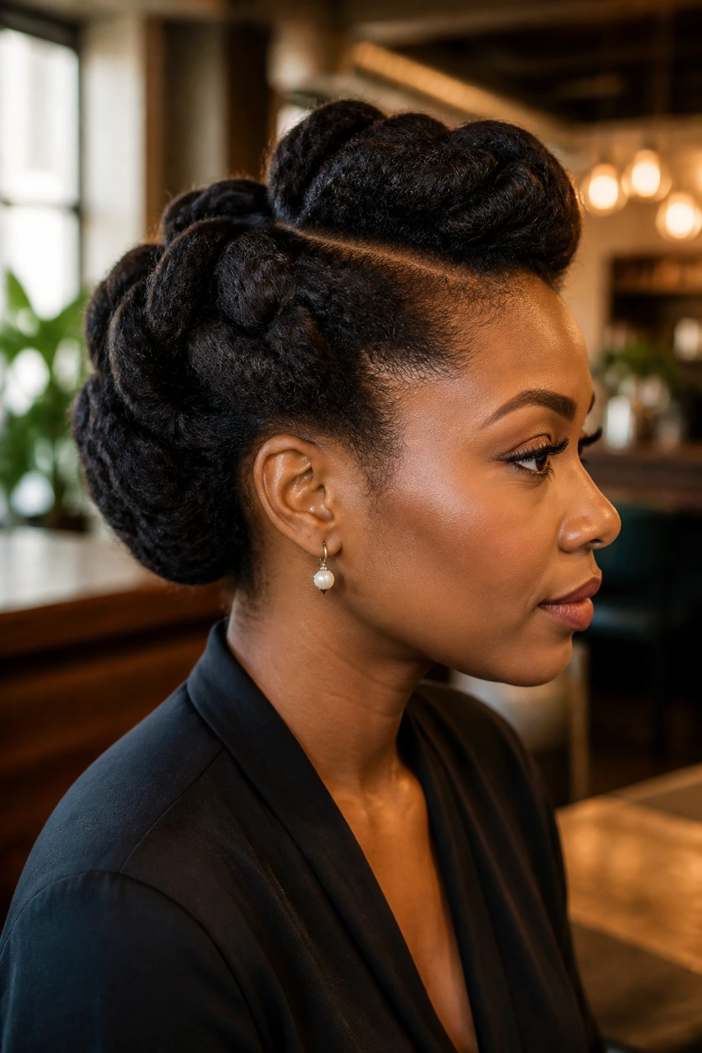Side-profile of a real person with pin-up twists pinned into a soft updo