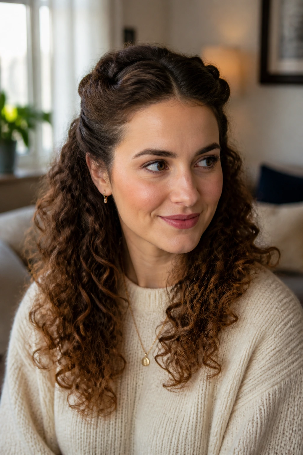Close-up of a woman with a pinched-back vintage roll hairstyle