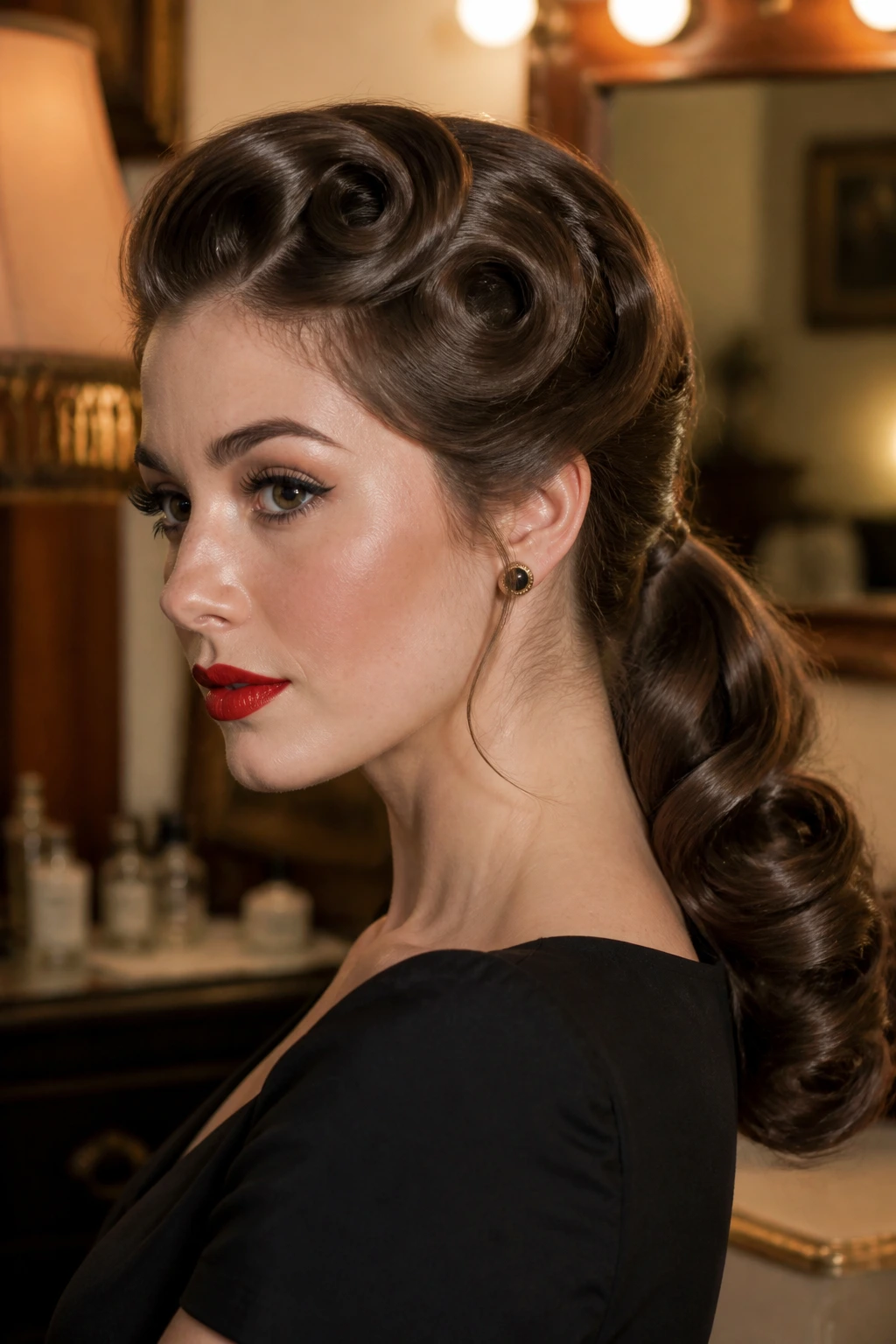 Pin-curled ponytail close-up on real woman with hairline pin curls and low ponytail.