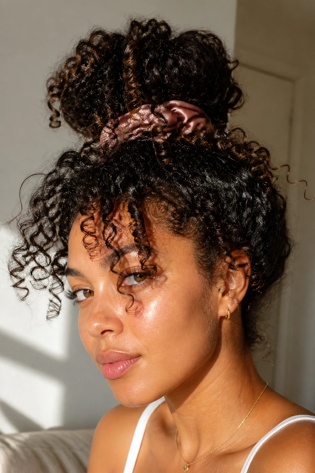 Real person with a pineapple updo on 3b curls under noon light