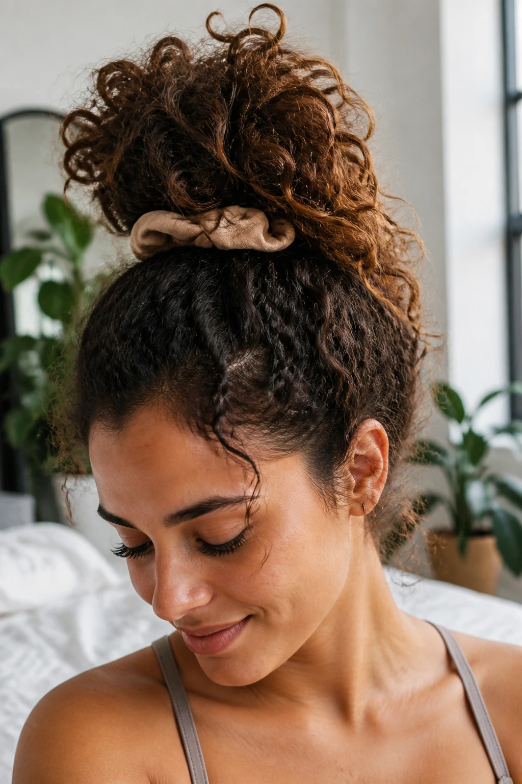 Close-up of a real woman with a high pineapple bun preserving curls.