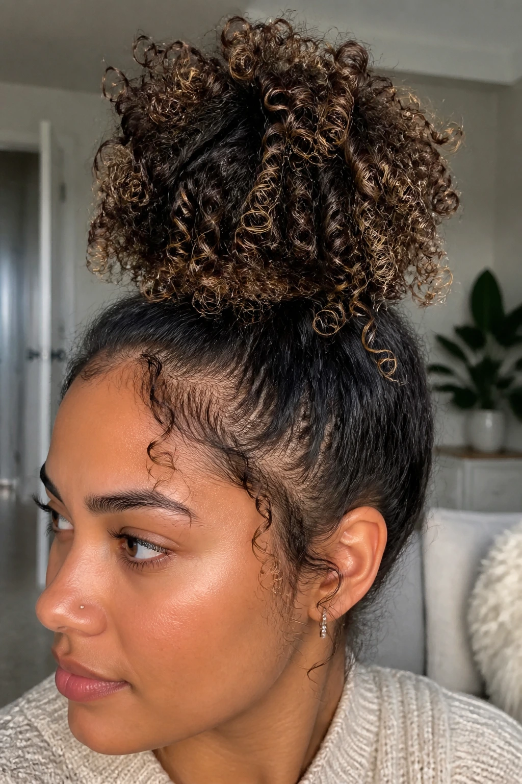 Close-up of a woman with a pineapple bun showing defined curls