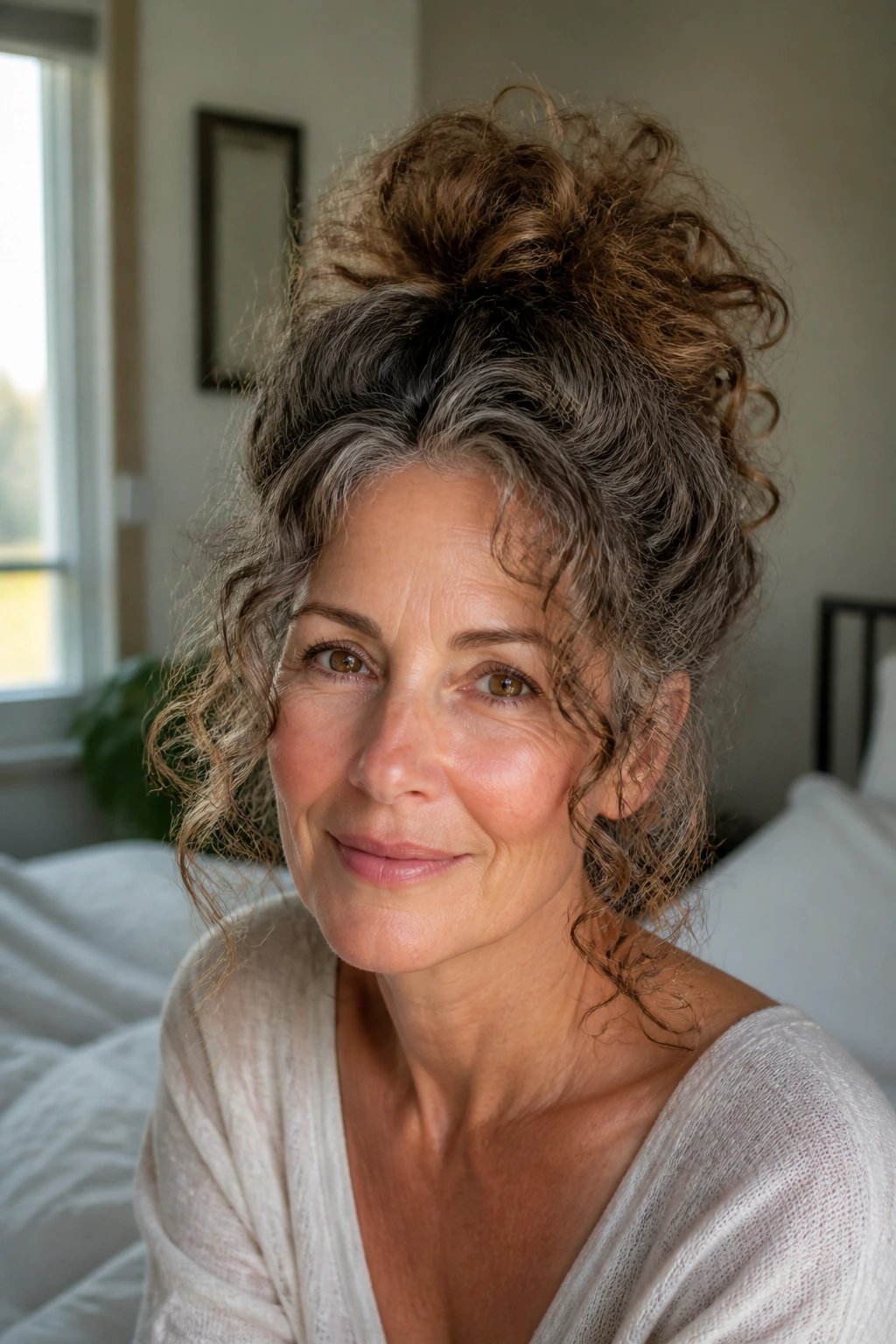 Real woman with high pineapple bun and loose curls framing face in natural light.