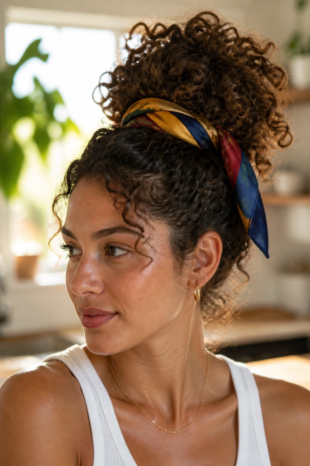 Portrait of a woman with a scarf-tied pineapple bun and silk scarf.